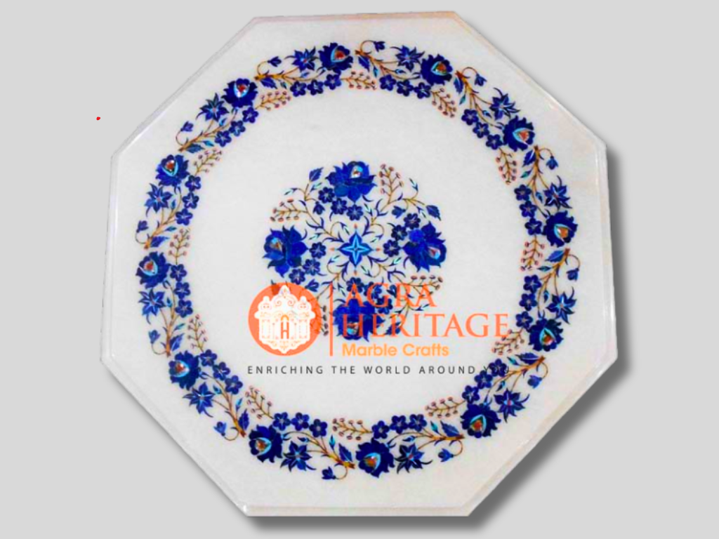 White Marble Lapis Inlay Floral Art Table Top